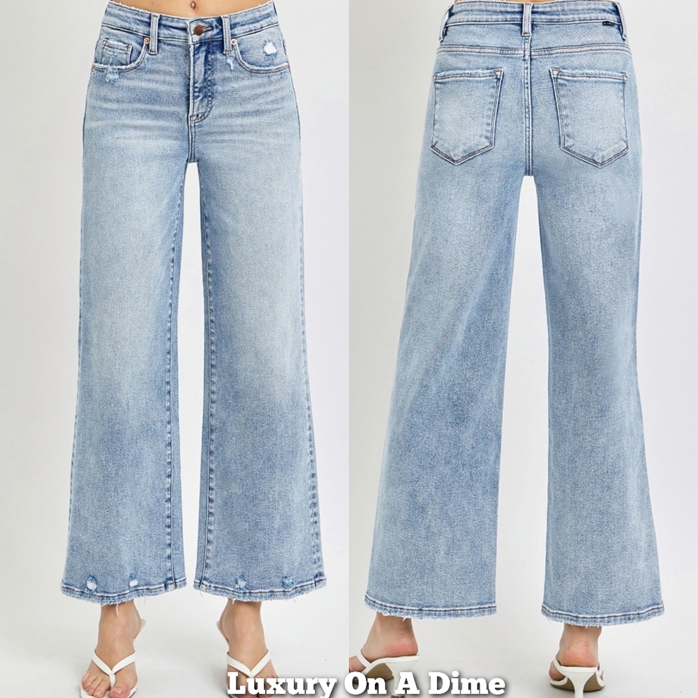 Women's Light Blue Wide-Leg Jeans Risen Stretch Crop Ankle